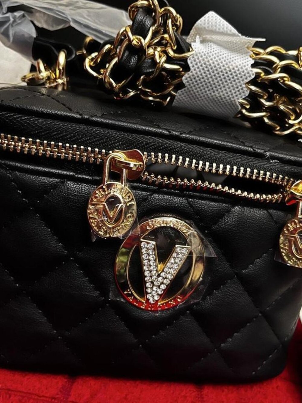 Valentino Orlandi Black Quilted Vanity Box Bag Rhinestone V Chain